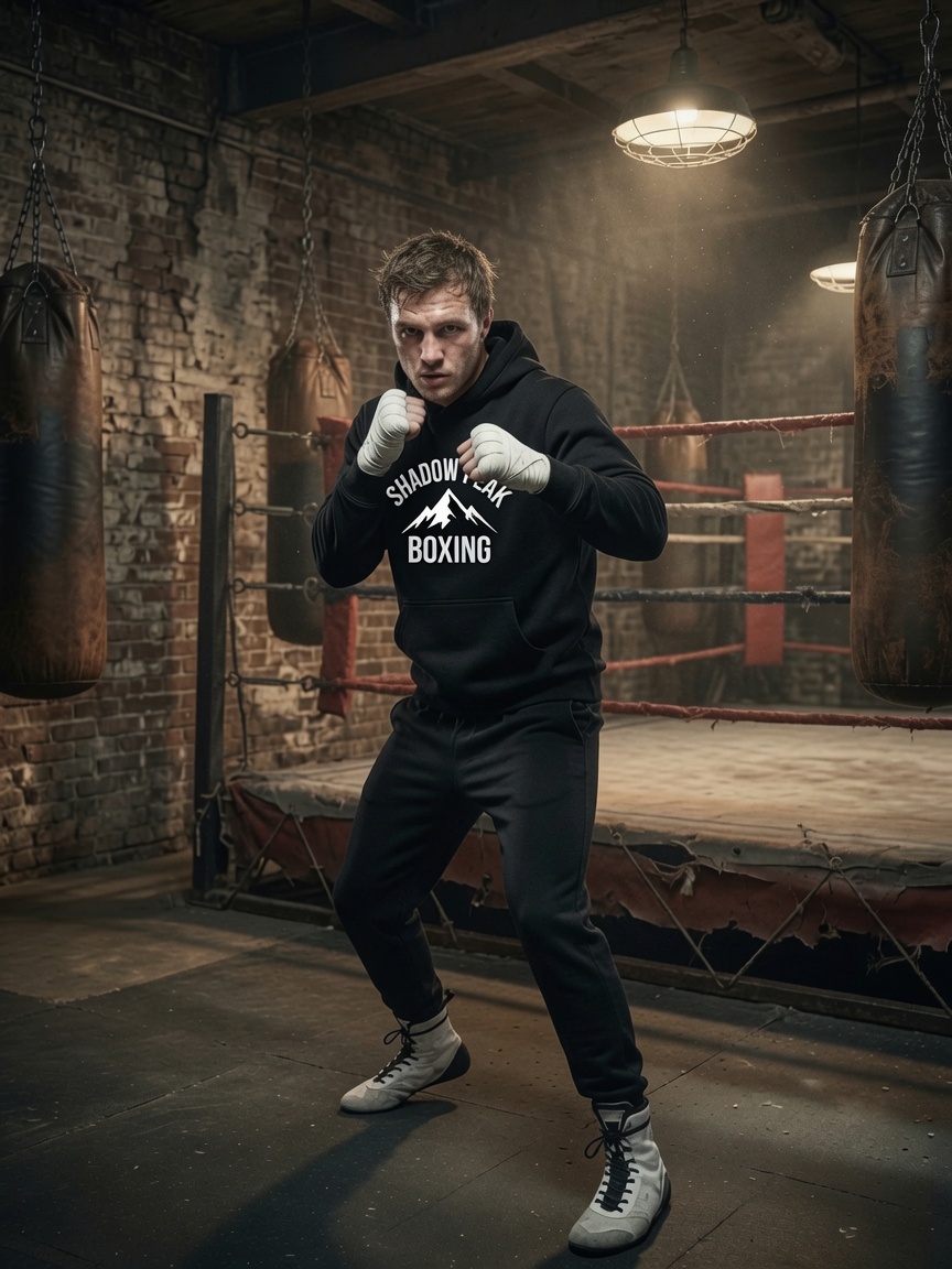 Shadow Peak boxer in fighting stance inside a gritty gym