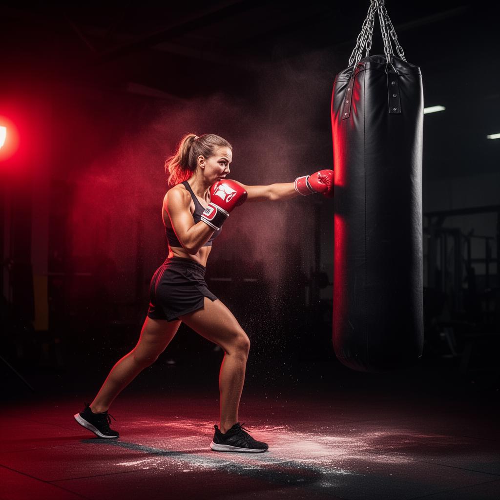 Female boxer hitting heavy bag